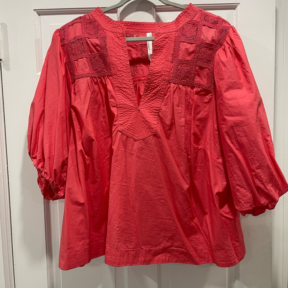 Anthropologie Red Blouse with Crochet Accents